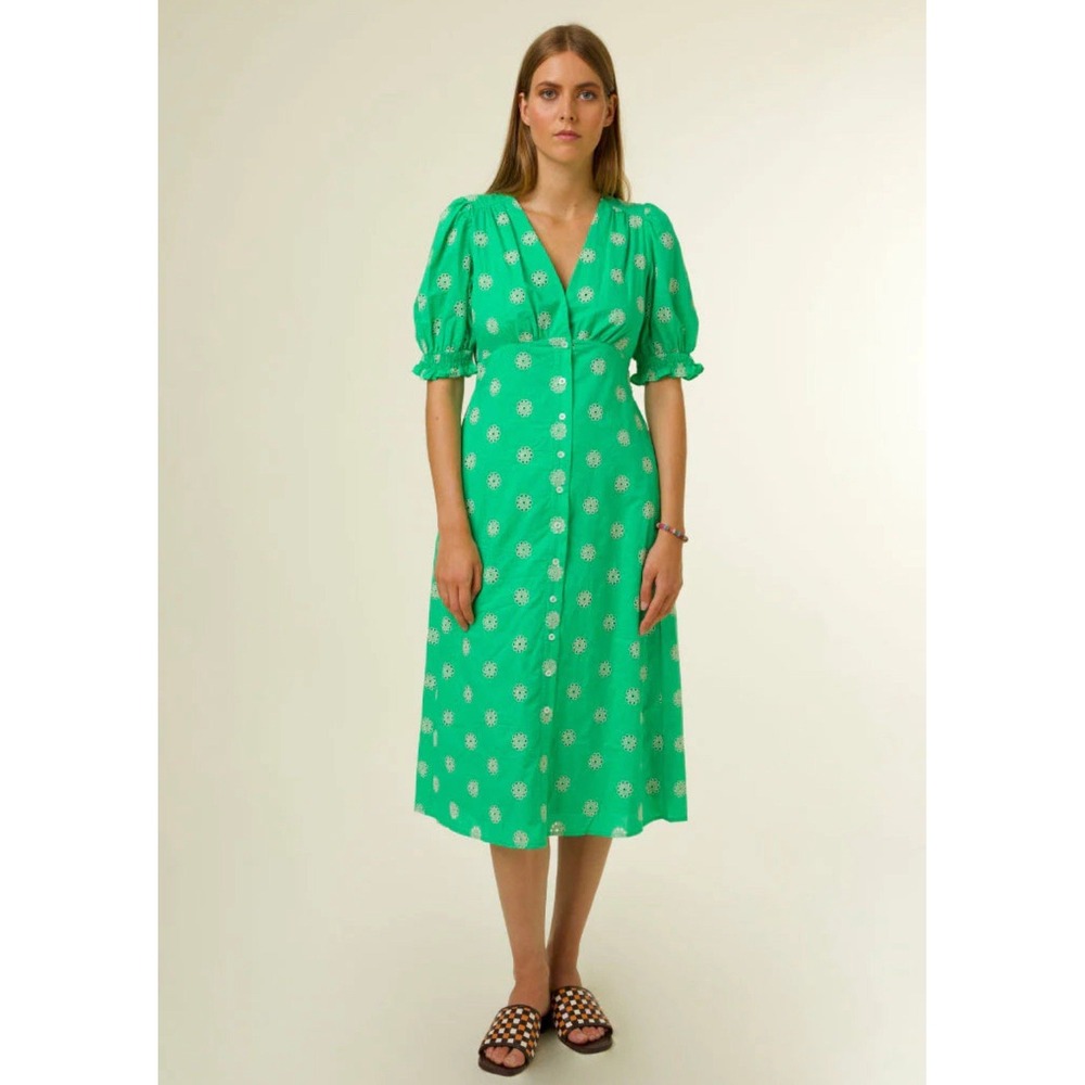 Frnch Midi Floral Dress Women S Emerald Green Eyelet Embroider Puff Sleeve Boho